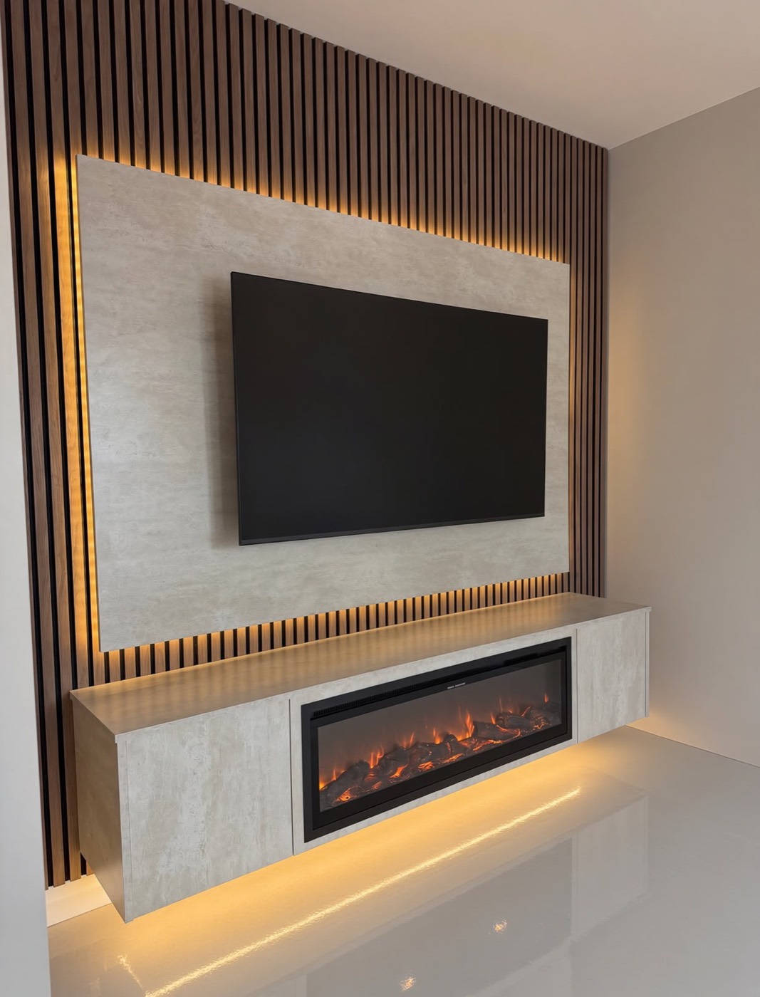 Media wall with electric fire and marble cabinet